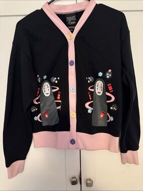 No-Face Graphic Cardigan Sweater - Black & Pink size Small
